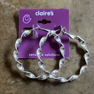 Claire's Silver Twisted Hoop Earrings - Sculpted Shiny Hoops